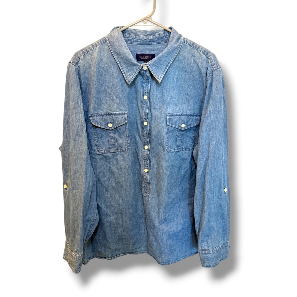 Talbots Denim Popover Shirt Womens 2X Estimated Blue Cotton Roll Tab Sleeve